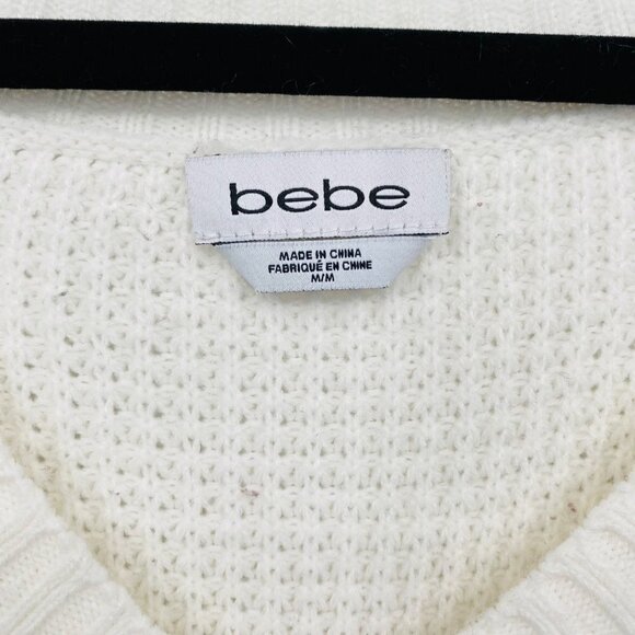Bebe Chunky Loose Knit V Neck Sweater Size M White Egret Women's - Picture 3 of 7